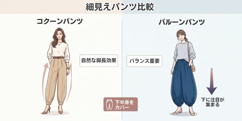 コクーンパンツとバルーンパンツ 着やせするのは